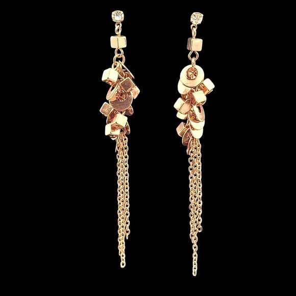 Copper-Tone Dangle Earrings Geometric Clusters Rhinestone Studs & Chain Tassels - Picture 1 of 4